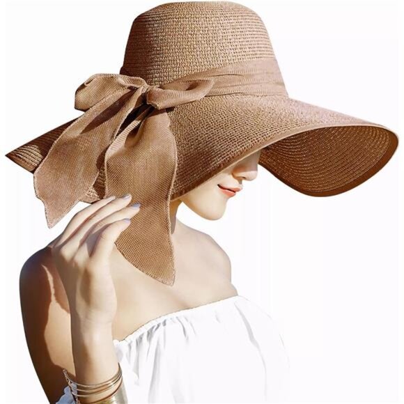 Women\'s Big Bowknot Straw Hat Large Floppy Foldable Roll up Cap, Khaki, 5.5\
